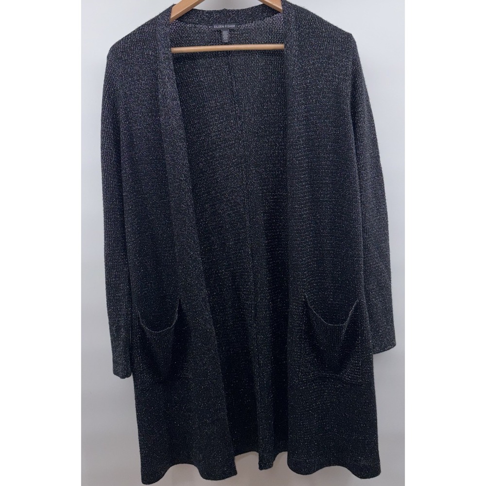 Eileen Fisher Black Metallic Long Open‎ Cardigan Sweater Merino Wool Medium - Picture 2 of 7